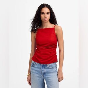 Madewell women’s Ruched Squareneck Tank in Linen-Cotton red Size 6 NWT